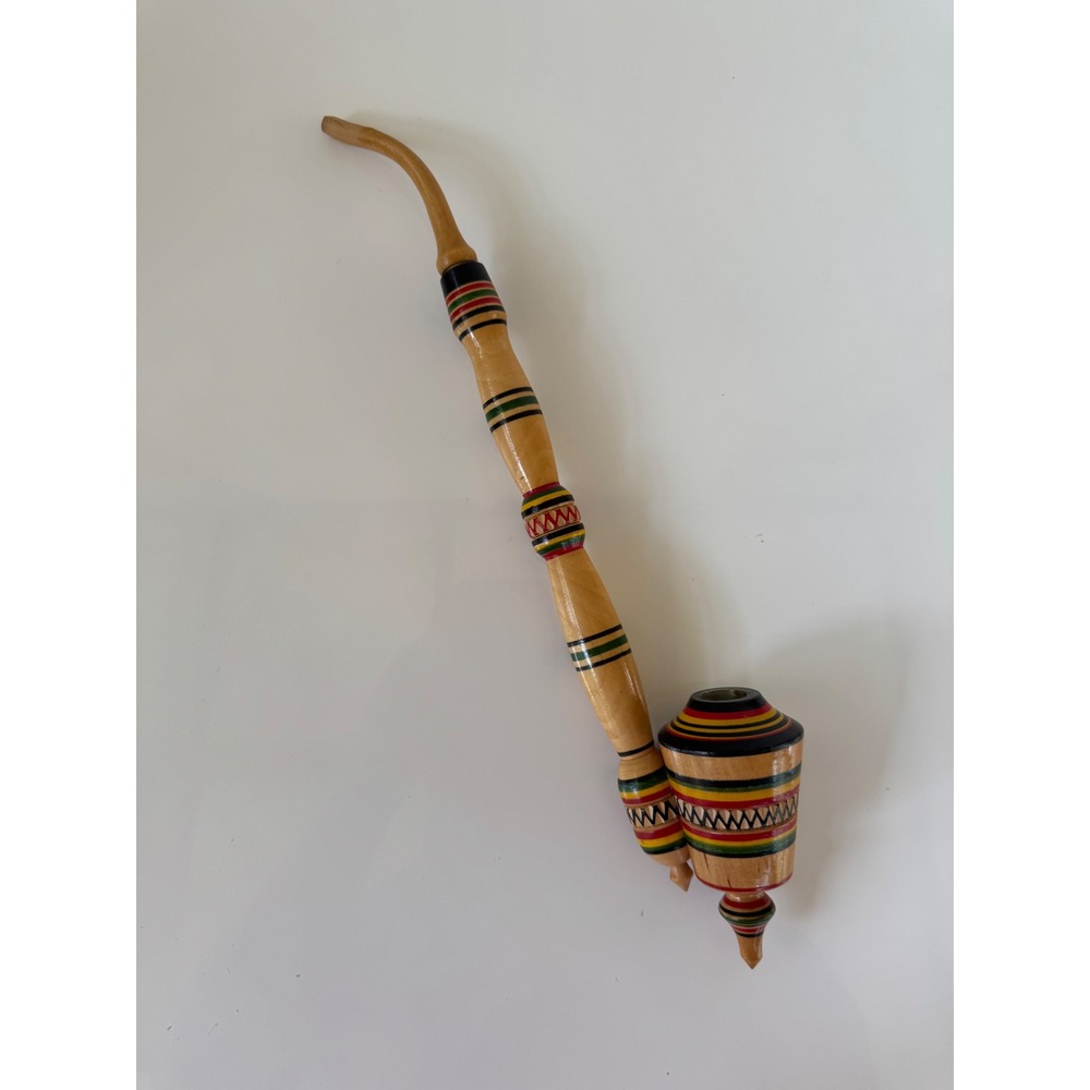 Vintage Hand Carved Wooden Ornate Smoking Pipe Long Stem Folk Art Painted Design